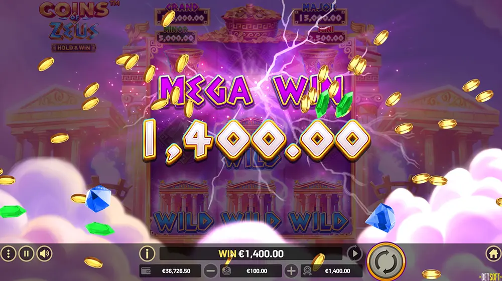 Winning the jackpot on Betsoft Gaming's Coins of Zeus slot machine